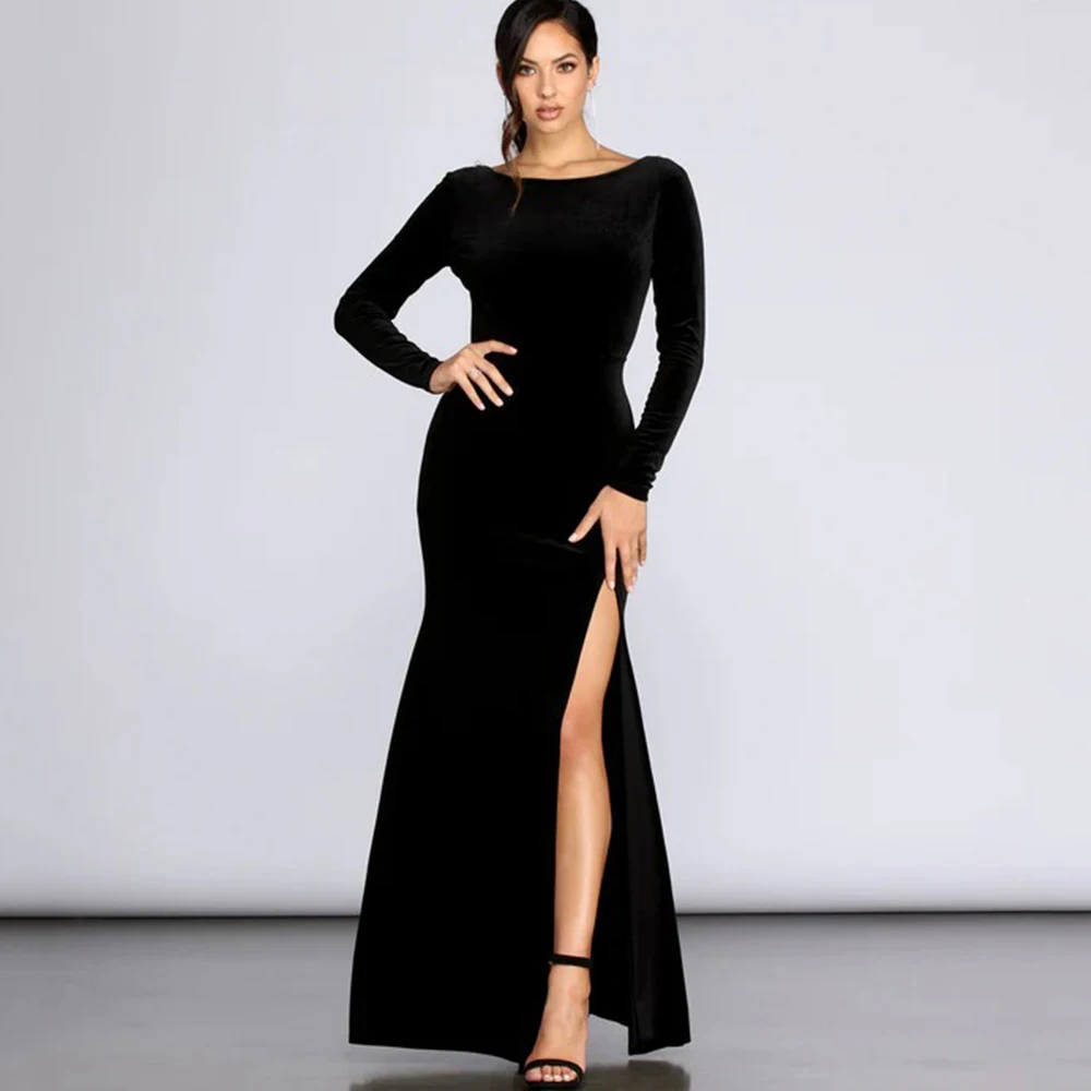 Flechazo Scoop Neck Evening Dress Long Sleeves Mermaid Floor Length Side Slit Sexy Open Back with Beading Women Banquet Gowns