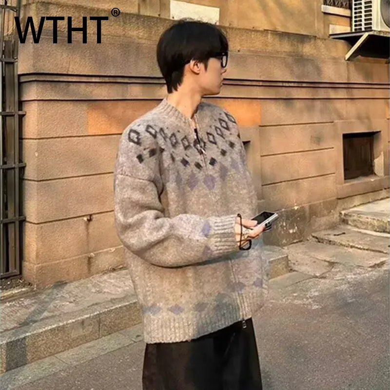 

WTHT мода 2025 осень мужские свободные повседневные пальто с принтом модные куртки с воротником-стойкой на молнии с длинными рукавами мужские 2A2019