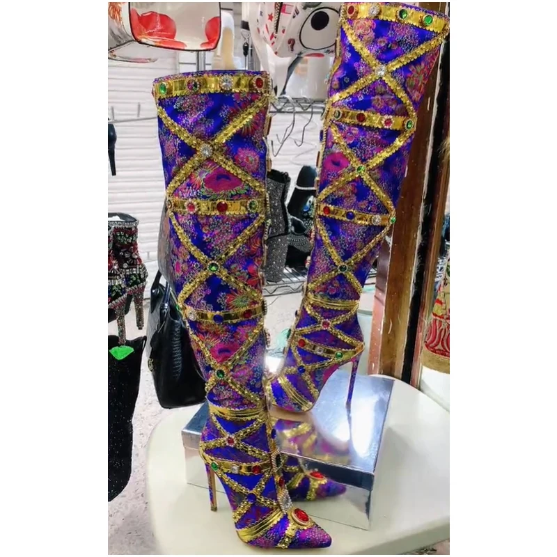 

Multicolor Gemstone Gold Trim Stitched Stiletto Thigh Boots 2026 Pointed Toe Knee High Boots Fashion Shoes for Party Wedding