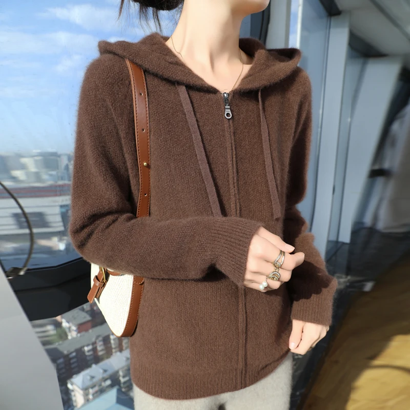 WOTEEWS  New women's cardigan hooded sweater 100 pure wool knitted long sleeved jacket women's sweater comfortable and soft