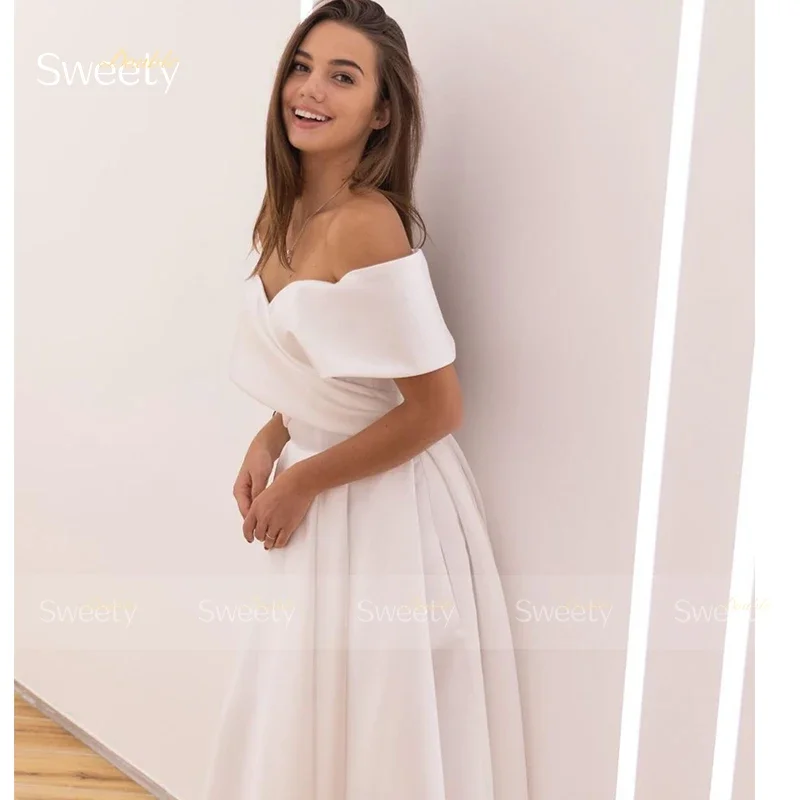 Mid-Calf Wedding Dress Elegant Soft Satin With A-Line Ball Gown Sleeveless Boat Neck Garden Wedding Button Vestido De Novia