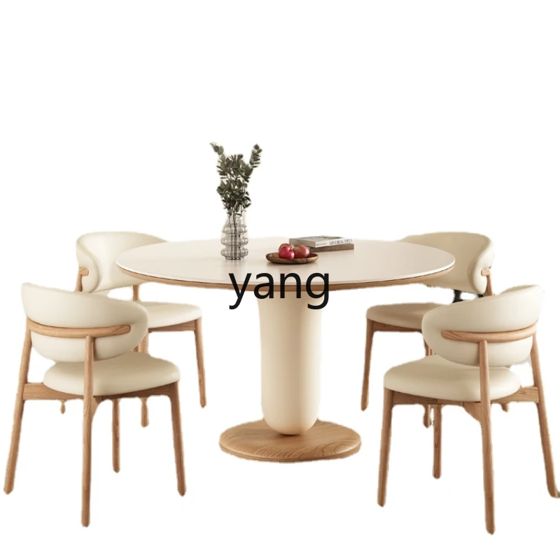 

Yjq Cream Style Solid Wood Dining Table round Conference Table Small Apartment Wood Color Stone Plate Dining Table and Chair