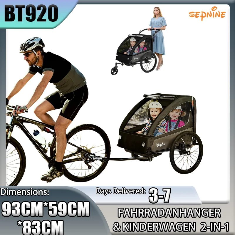 Rimorchio e passeggino per bambini Sepnine BT920 2-in-1 con pneumatici ammortizzanti, spazio di stoccaggio traspirante, sicuro e pieghevole