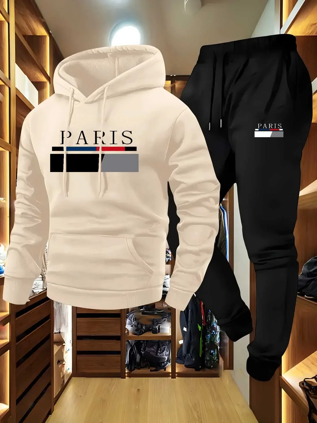 A 2-piece Men's "Paris" Letter-printed Comfortable Pullover Hoodie and Sweatpants Set Is Suitable for Spring and Autumn