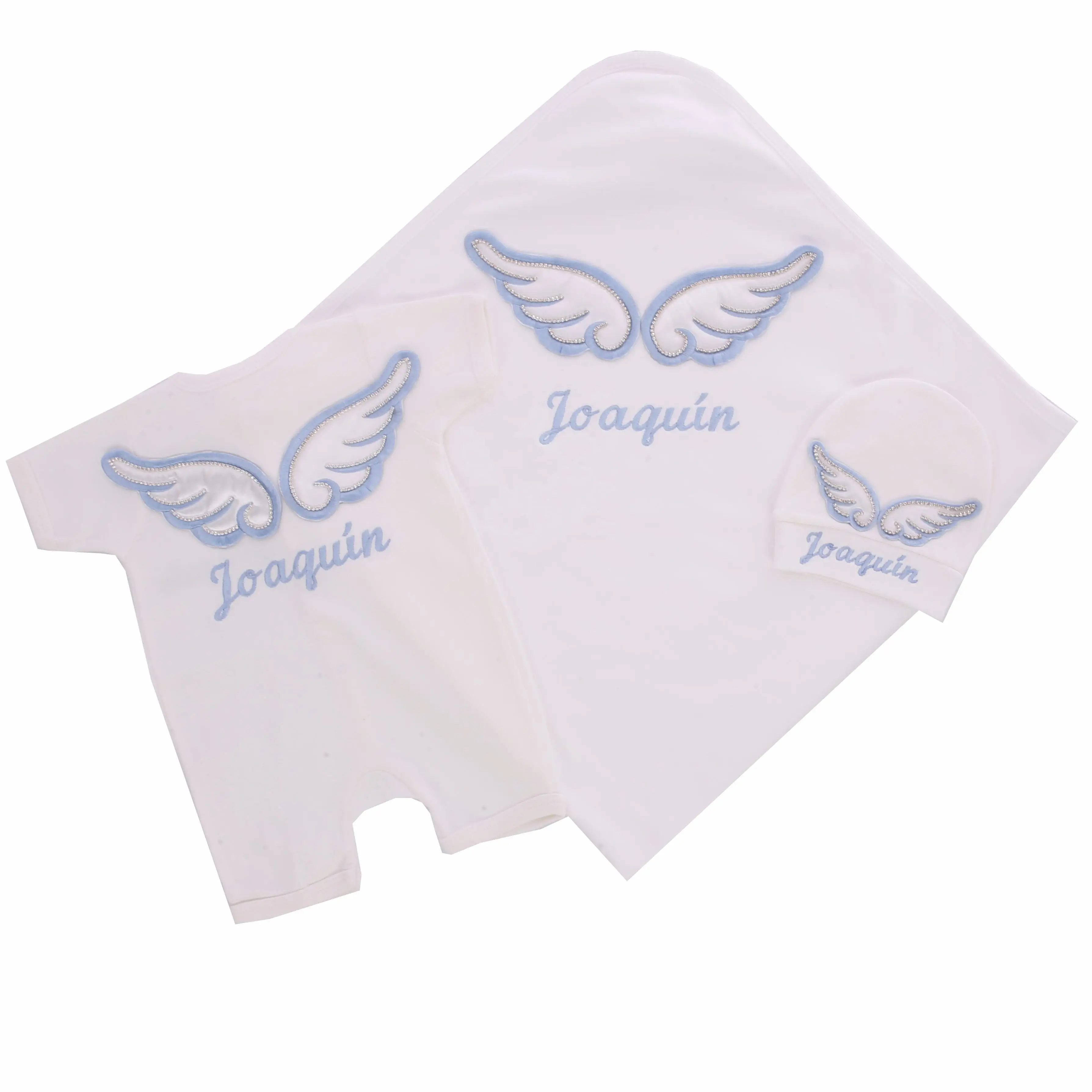 

3Pcs Angel Wings Newborn Baby Boy Romper Personalized Name Luxury Baptism Outfit with Hat & Blanket