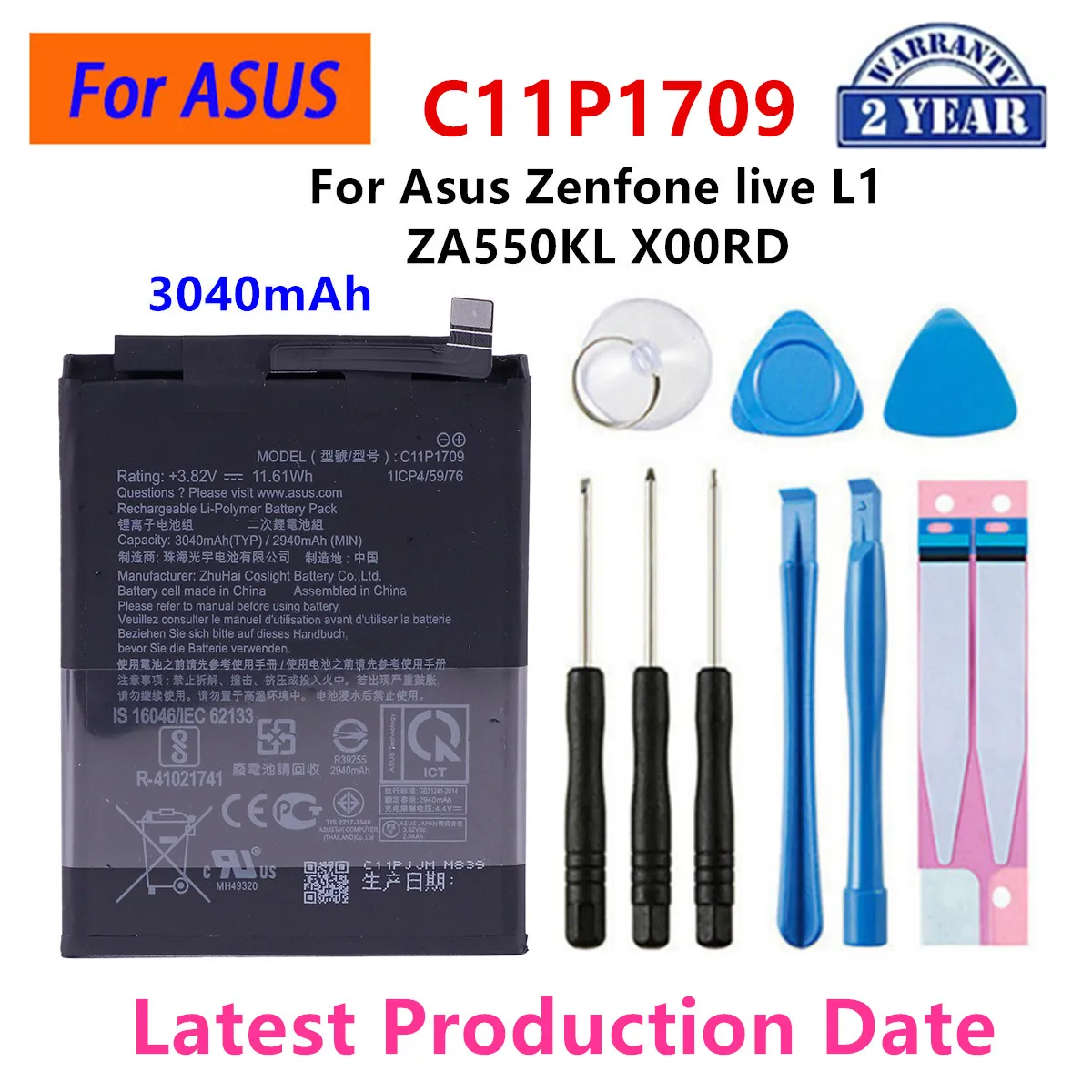 

Brand New Battery C11P1709 3040mAh For Asus ZenFone Live L1 ZA550KL X00RD Replacement Battery+Tools