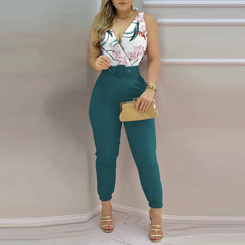 

New Women's V Neck Tie-up Jumpsuit Spring Solid High Waist Office Playsuit Summer Straight Pocket Pants Romper Commuting Overall