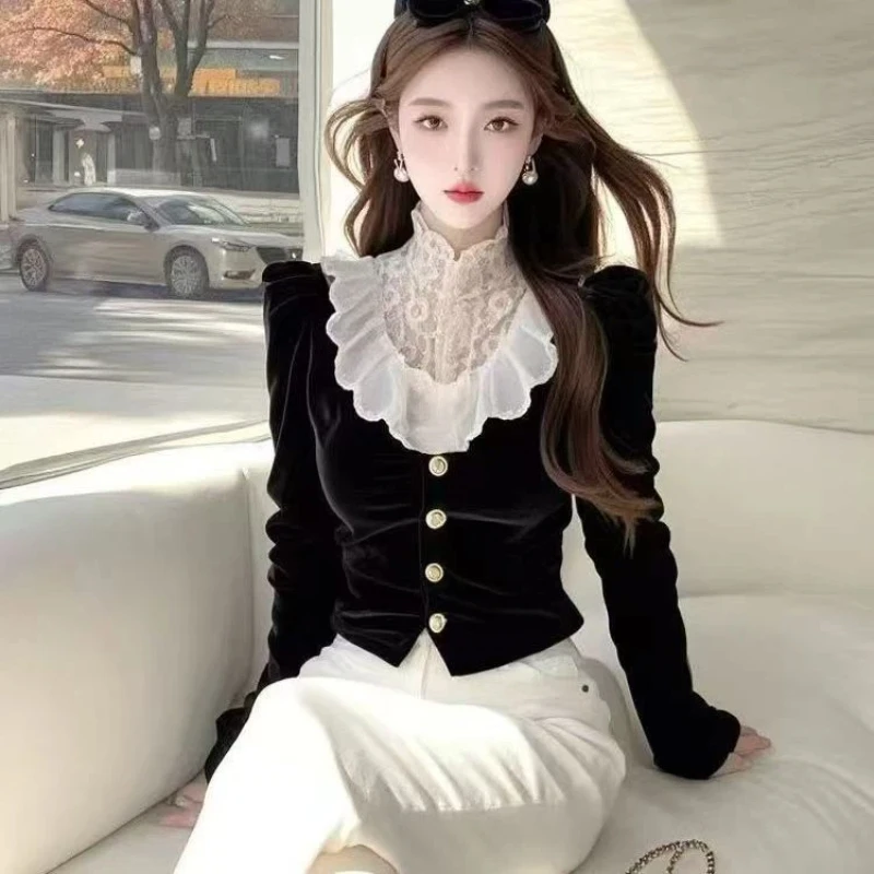 

Элегантная блузка с длинным рукавом, кружевными вставками и контрастными элементами, женская одежда, новая весенне-осенняя короткая вельветовая рубашка в корейском стиле, модный тренд