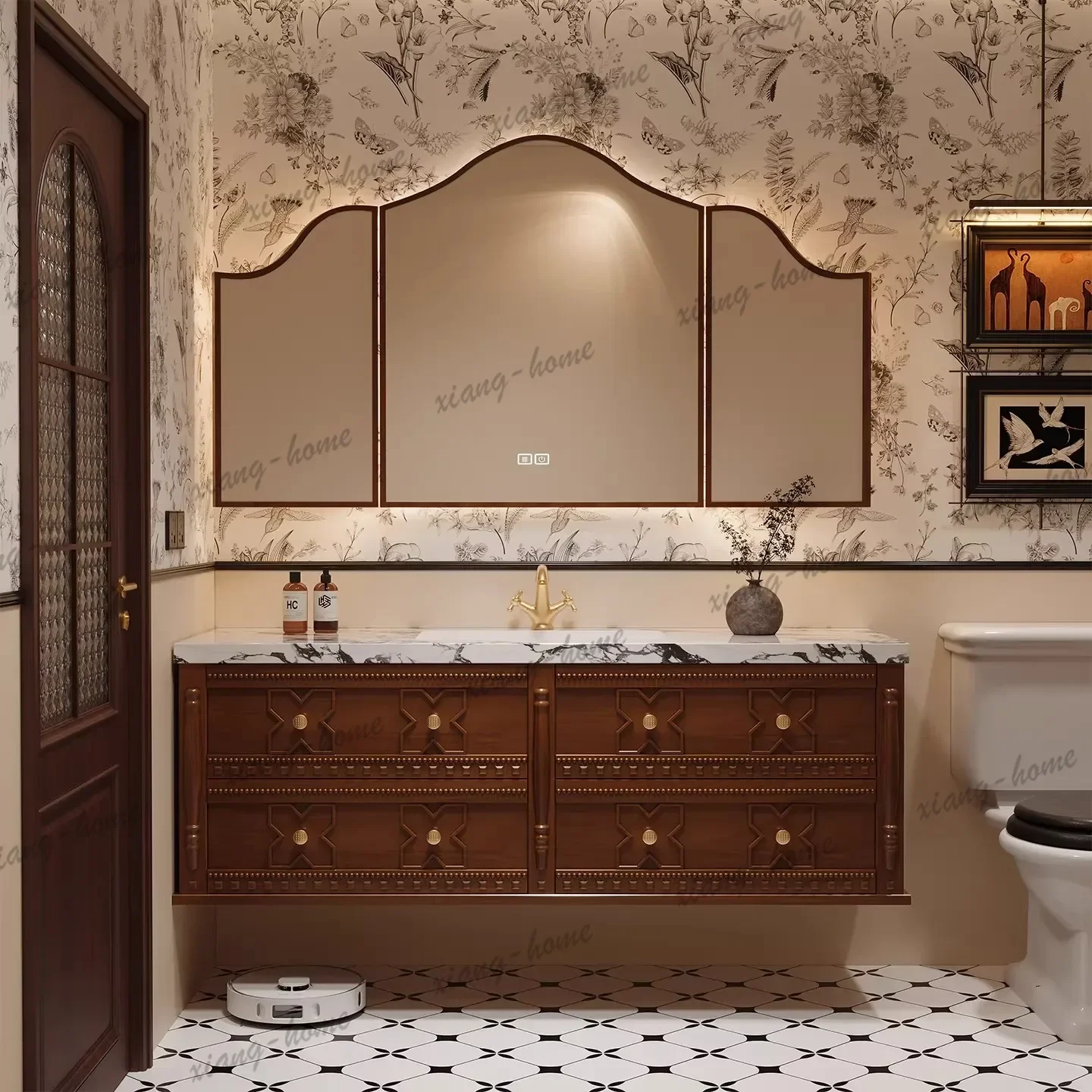 PG Cream-Colored Bathroom Vanity Unit With Integrated Ceramic Basin, French Style Bathroom Sink And Washbasin Cabinet