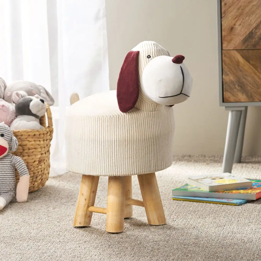 Adorable Corduroy Beige Dog Ottoman Cute Functional Wood Foot Stool Changing Seat  Cushioned for Adult Living Room Bedroom