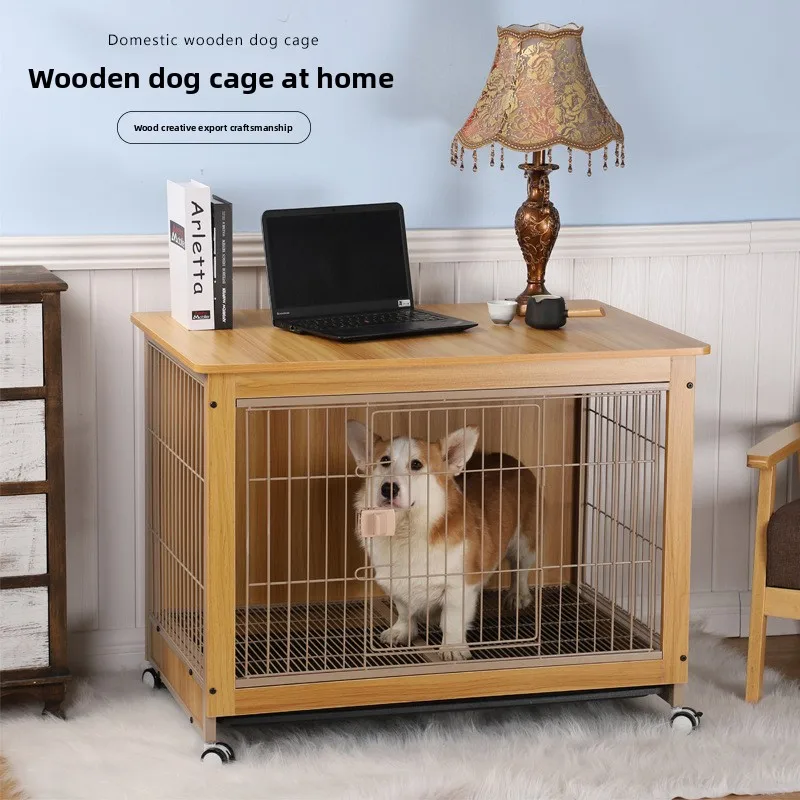 

Dog Crate Wooden Pet Indoor Pen Home with Litter Box Separate Dog Kennel