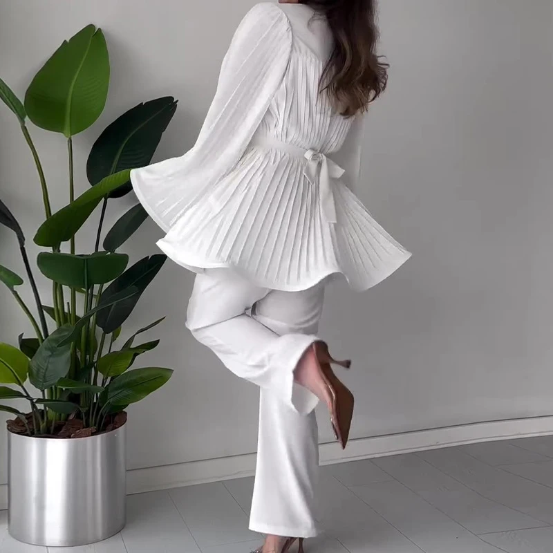 Monochrome Long Sleeved Loose Two Piece Sets Lady O Neck Lace Up Top + Long Pants Suit New 2024 Autumn Pleated Commuting Outfit