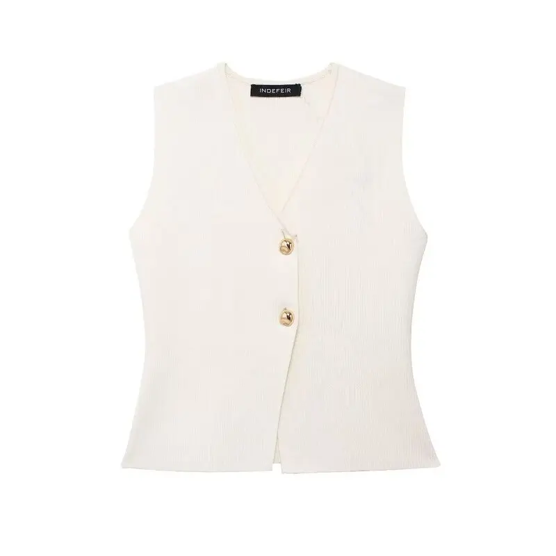 

Вязаный жилет с золотыми пуговицами и высокой талией, лоскутная юбка, комплект Faion, Новое поступление лета 2024, женская одежда Ele Sle