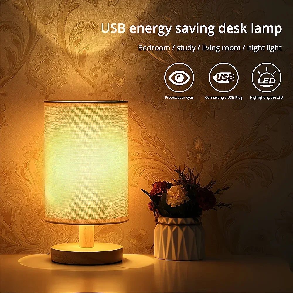 LED Hessian Solid Wood Decorative Table Lamp 5V USB Reading Bedroom Bedside Study Desk Home Stay Energy Saving Gifts Night Light