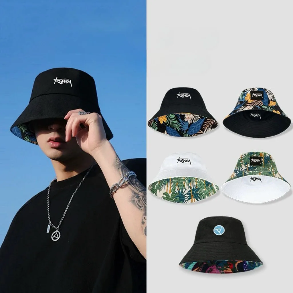 Unisex Embroidered Letter Fisherman Hat Leaves Double-sided Bucket Hat Simple Thin Large Head Circumference Sun Hat Casual