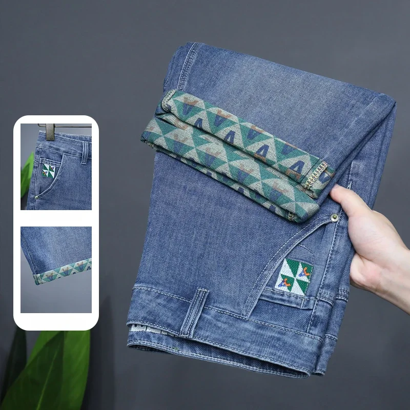 صيف جديد الرجال الدنيم السراويل رقيقة مطبوعة موضة شخصية سراويل قصيرة الذكور الشارع الشهير برمودا مستقيم تمتد جينس قصير