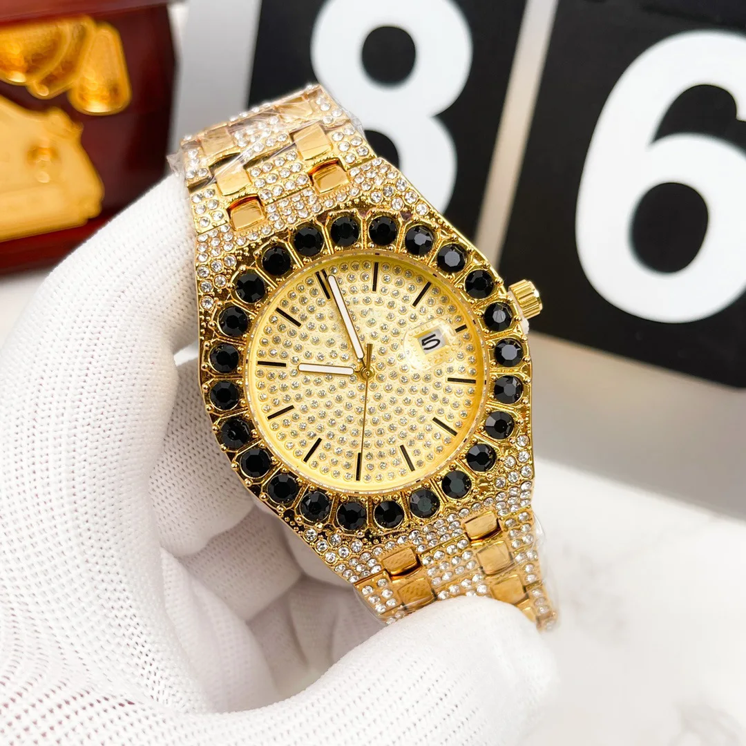 Voller Diamant-Lünette, luxuriöse Designer-Uhr für Herren, hochwertiges Dreizeiger-Quarzwerk, funkelndes Kristall-Zifferblatt, hochwertige Armbanduhr