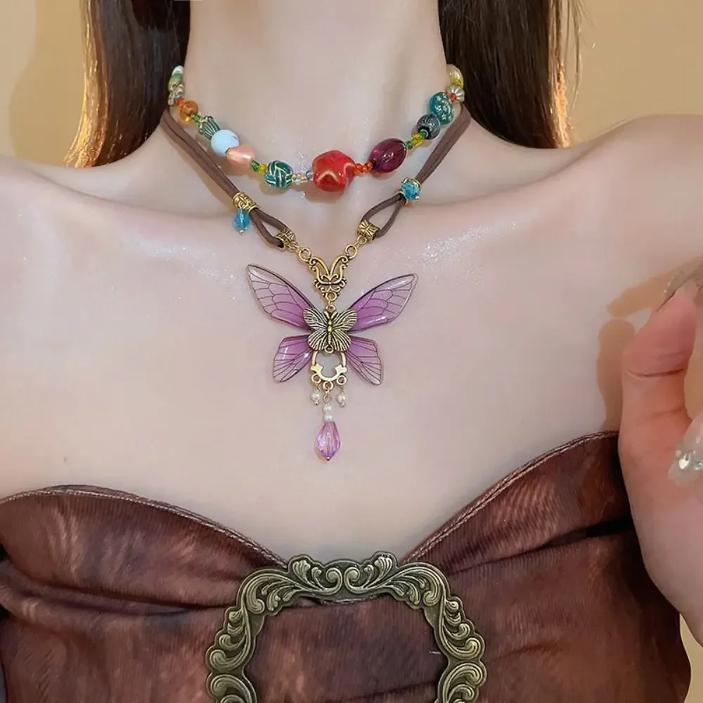 Fashion Butterfly Y2K Dopamine Necklace Sweet Colorful Bead Clavicle Chain Korean Style Sweet Choker Gift