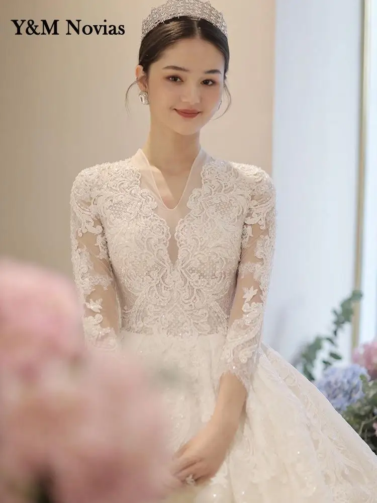 Gorgeous Appliques Court Train V-neck Full Sleeve Wedding Dresses 2023 Luxury Embroidery Bridal Gown Vestido De Noiva Plus Size