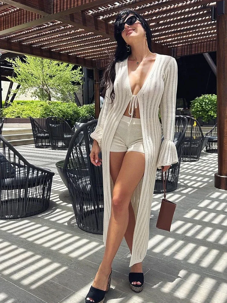 

2024 Autumn French New Flare Sleeve Knit Kimono Beachwear Cover Up Casual Long Loose Cardigan Women Elegant Crochet Outfit A2975