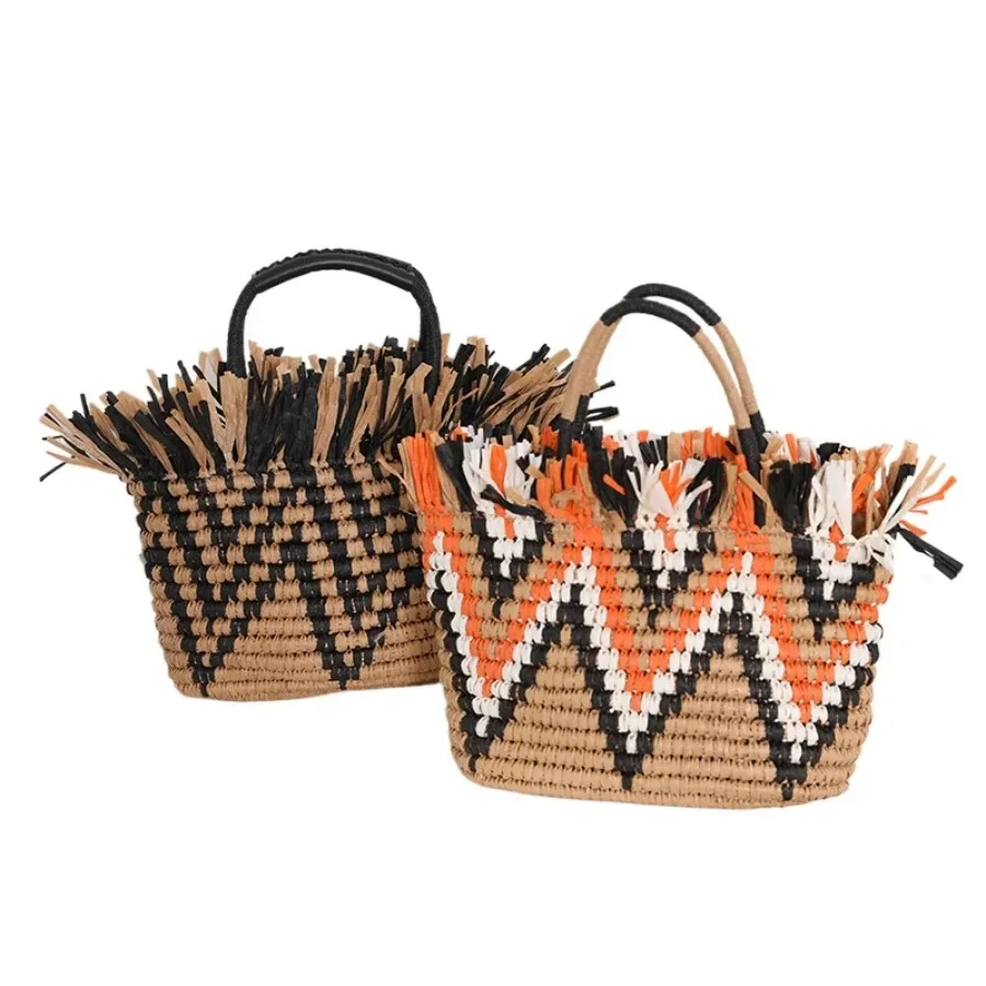 

Fashion Niche Color Splicing French Scattered Edge Retro Straw Bag Tote Woven Women's Bags Casual Simple Vacation Beach Bag