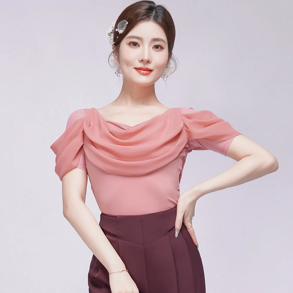 

Modern Dance Costume Waltz Competition Shirt Standard Dress Black Practice Performance Rose Powder Short Sleeve Top
