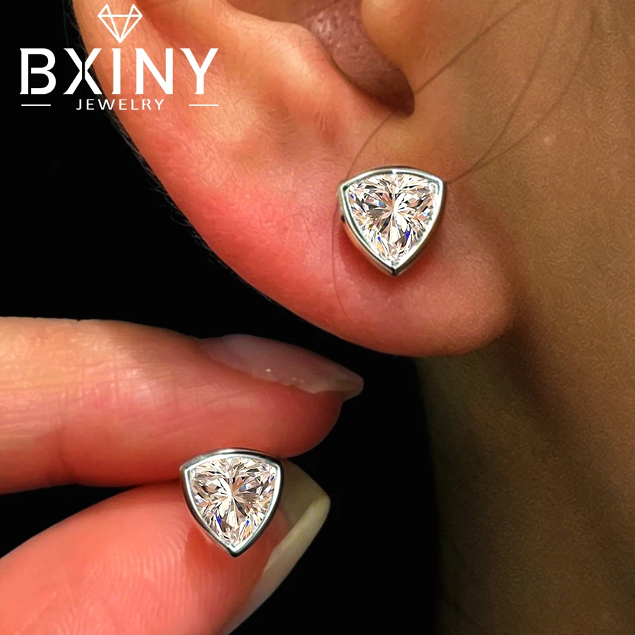 

BXINY 5mm Trillion Cut Moissanite Stud Earrings S925 Silver Bezel Set Diamomds Ear Studs for Women Daily Wear Gifts Fine Jewelry