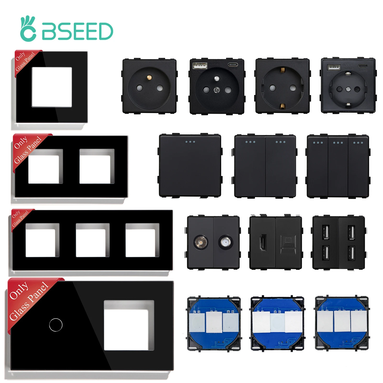 BSEED EU Standard Wall Socket Frames Power Socket Plug Glass Panel Touch Sensor Switches Function Parts DIY Free Combination