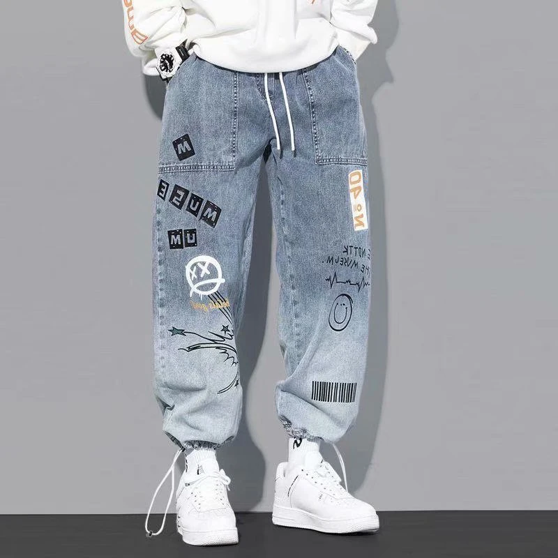 

New Fall Men’s Jeans with Letter Print Design, Trendy Brand Loose Fit Cartoon Graffiti Jogger Pants, Fashion