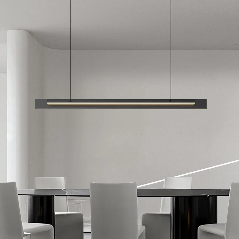 Modern Minimalist Style LED Pendant Lamp For Dining Room Kitchen Bar Office Lamp Long Strip Black Glass Ceiling Chandelier Light