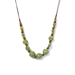 Green Rose Ceramic Necklace Handmade Vintage Style Adjustable Artistic Accessory for Women 1141