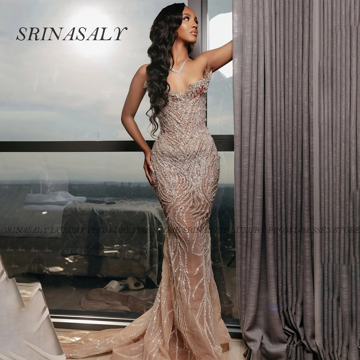 

Customized Sparkly Crystal Lace Mermaid Evening Dresses Beaded Birthday Robe Formal 2025 Sleeveless Formal vestidos de gala