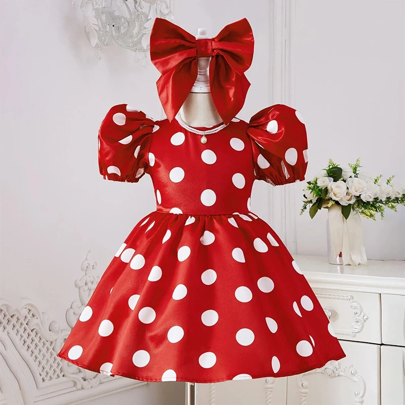 2024 New Polka-Dotted Puff Sleeves Party Dress Summer Princess Backless Bow Dress Elegant Children Birthday Wedding Costume 3-8Y