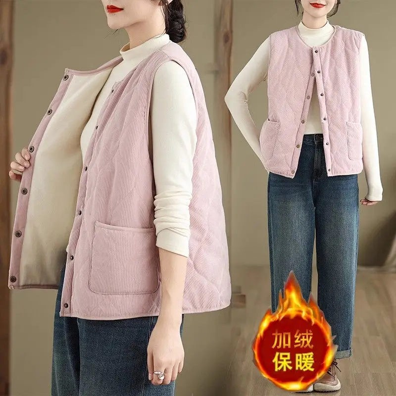 

2024 Autumn Winter Corduroy Short Vest Women's Warm Slim Fit Temperament Sleeveless Fleece Waistcoat Jacket Trendy A371