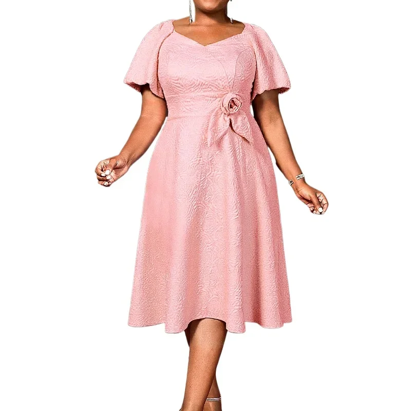 

Plus Size Elegant Pink Jacquard Midi Dress with Puff Sleeves A Line Slim Fit V Neck Waist 3D Flower Fit for Party Bridal Showers