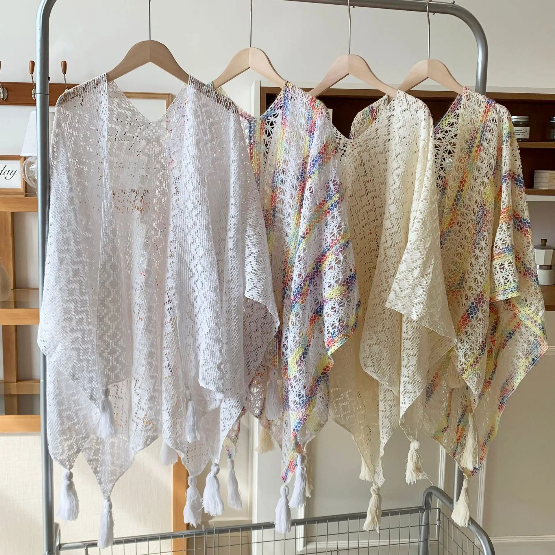 

Shawl knitted premium sense retro hollow pure white split thin cardigan fringed big cloak