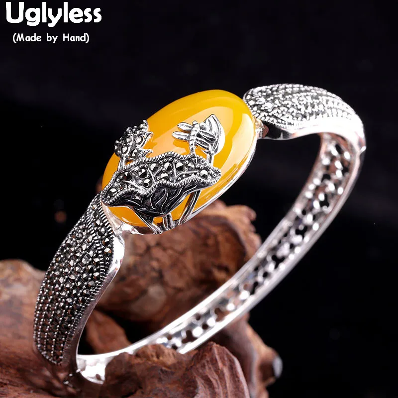 

Uglyless Vintage Marcasite Lotus Bangles for Women Chalcedony Gemstones Open Bangles 925 Silver Hollow Thai Silver Jewelry BA640