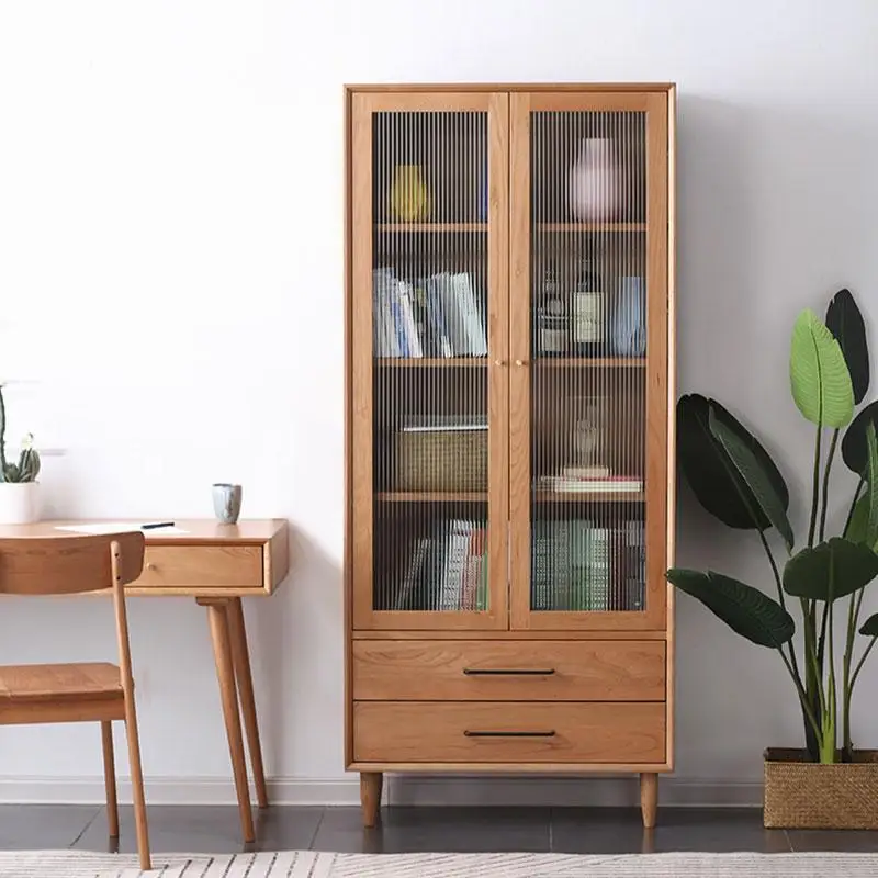 

Cherry wood bookcase Solid wood Modern minimalist with glass door Drawer Locker Standing Cabinet Household