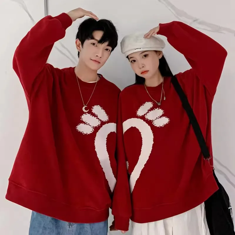 

Хлопковый свитшот большого размера с принтом красных сердец, весна-осень, новинка, плотный, из чистого хлопка