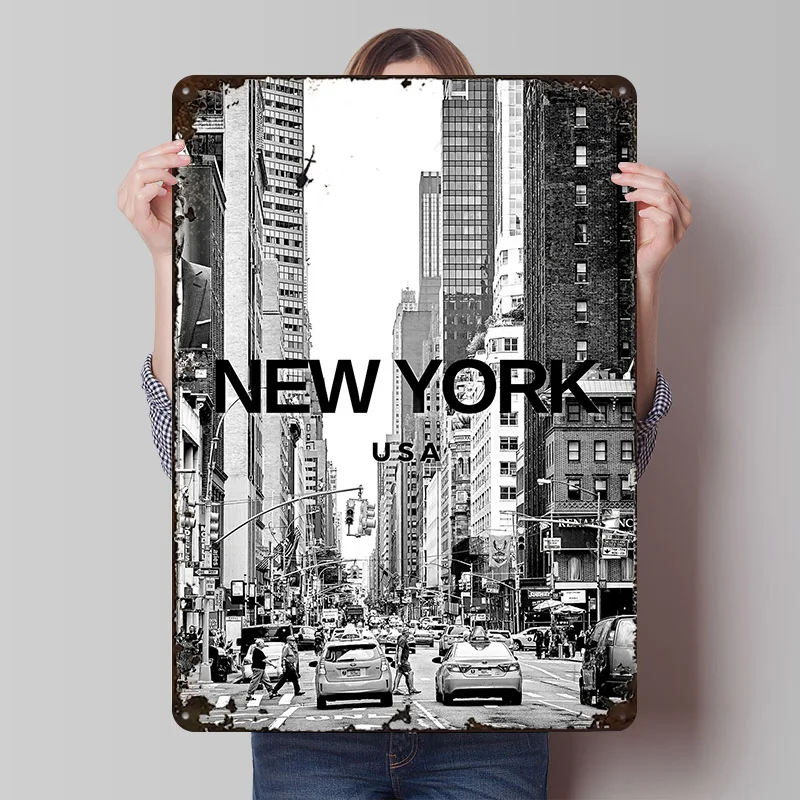 Affiche murale noire et blanche de New York City Street, signes métalliques Vintage personnalisés, Plaque en étain rétro pour homme, grotte, maison, maison