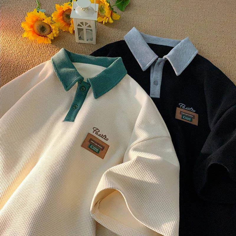 Summer Men's Contrast Color Short Sleeve Polo Shirts Waffle Y2K Vintage Streetwear Polos T-shirts Casual Breathable Golf Wear