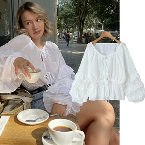 Withered Blouse Women Minimalist Casual Shirt Women White Chiffon Shirt With Ruffled Edges Long Sleeve Tops