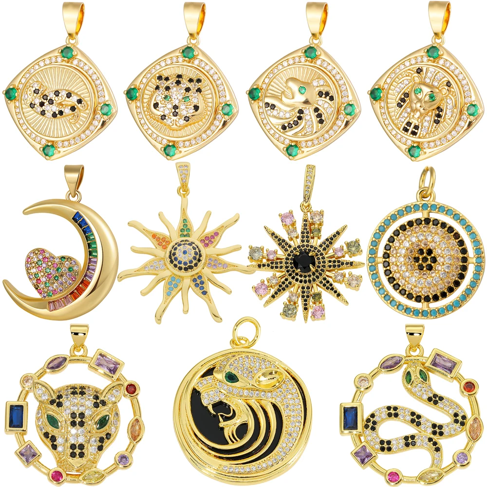 Juya Handgemachte 18K Reales Gold Überzog Gepflasterte Zirkon Leopard Tiger Sonne Mond Sterne Bär Schlange Griechischen Bösen blick Charme anhänger Liefert
