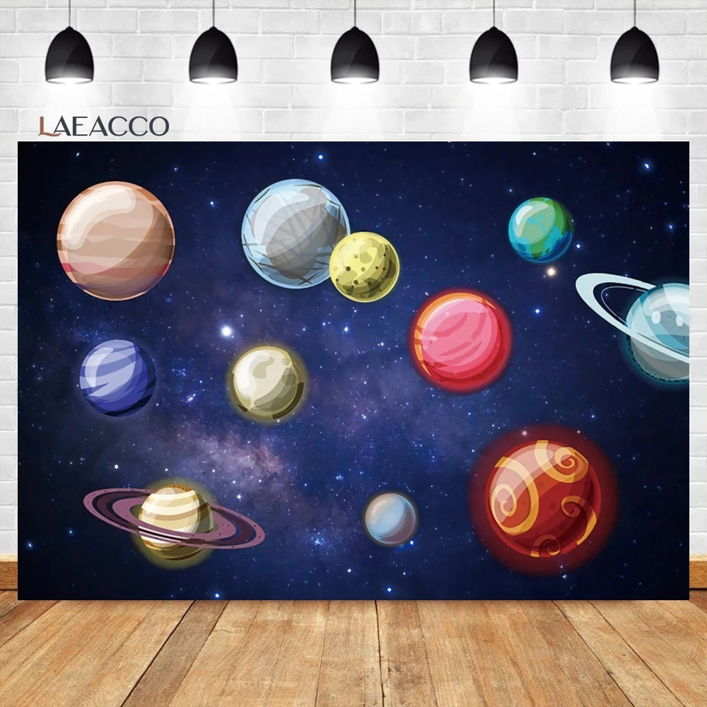 Laeacco Cartoon Solar System Map Backdrop Outer Space Rotating Galaxy Theme Baby Shower Party Portrait Photography Background