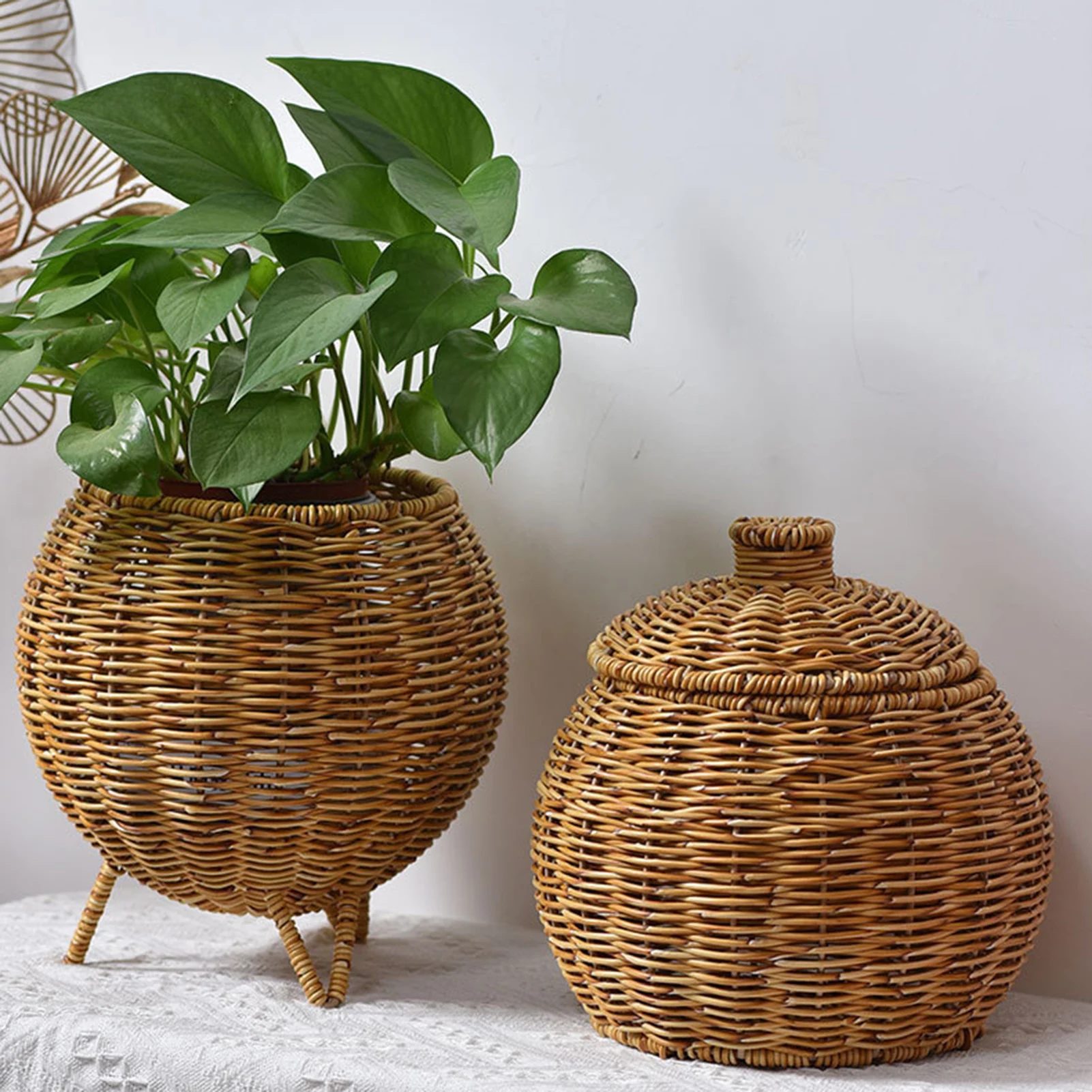 Hand Woven Storage Basket Simulated Rattan Organizer Basket With Lid For Plant Jewelry Hairpin Cosmetic Home Storage Supplies