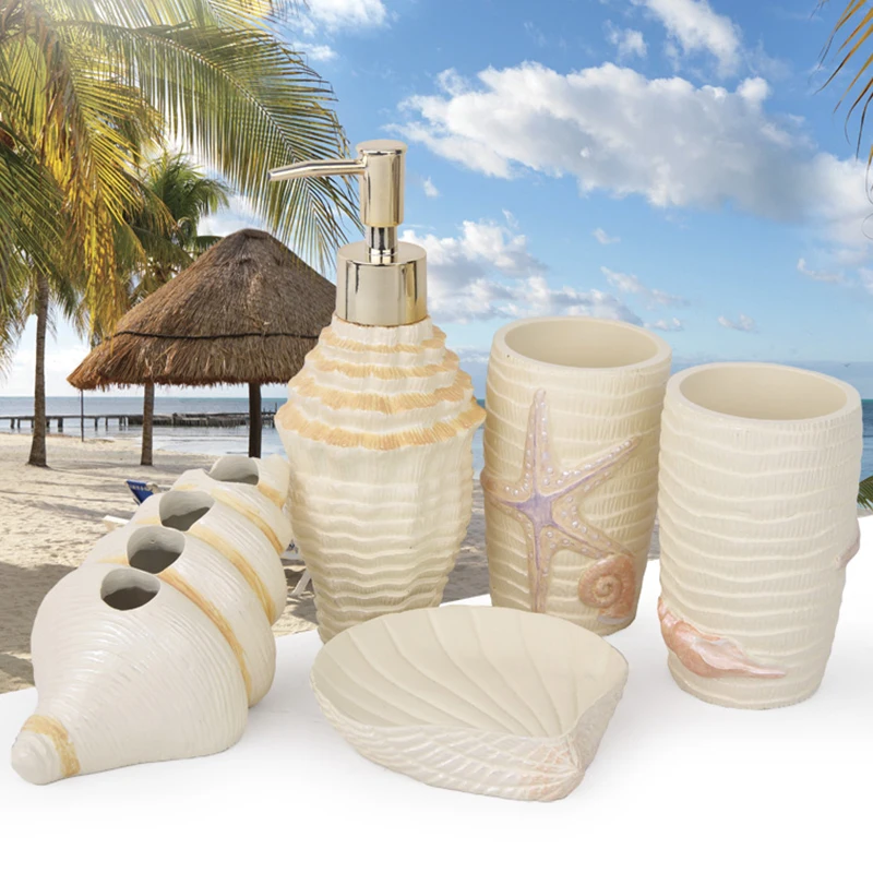 

Beach Shell Shape Bathroom Accessory Set Resin Soap Dispenser Toothbrush Holder Tumbler Soap Dish Mouthwash Cup Bathroom Decor