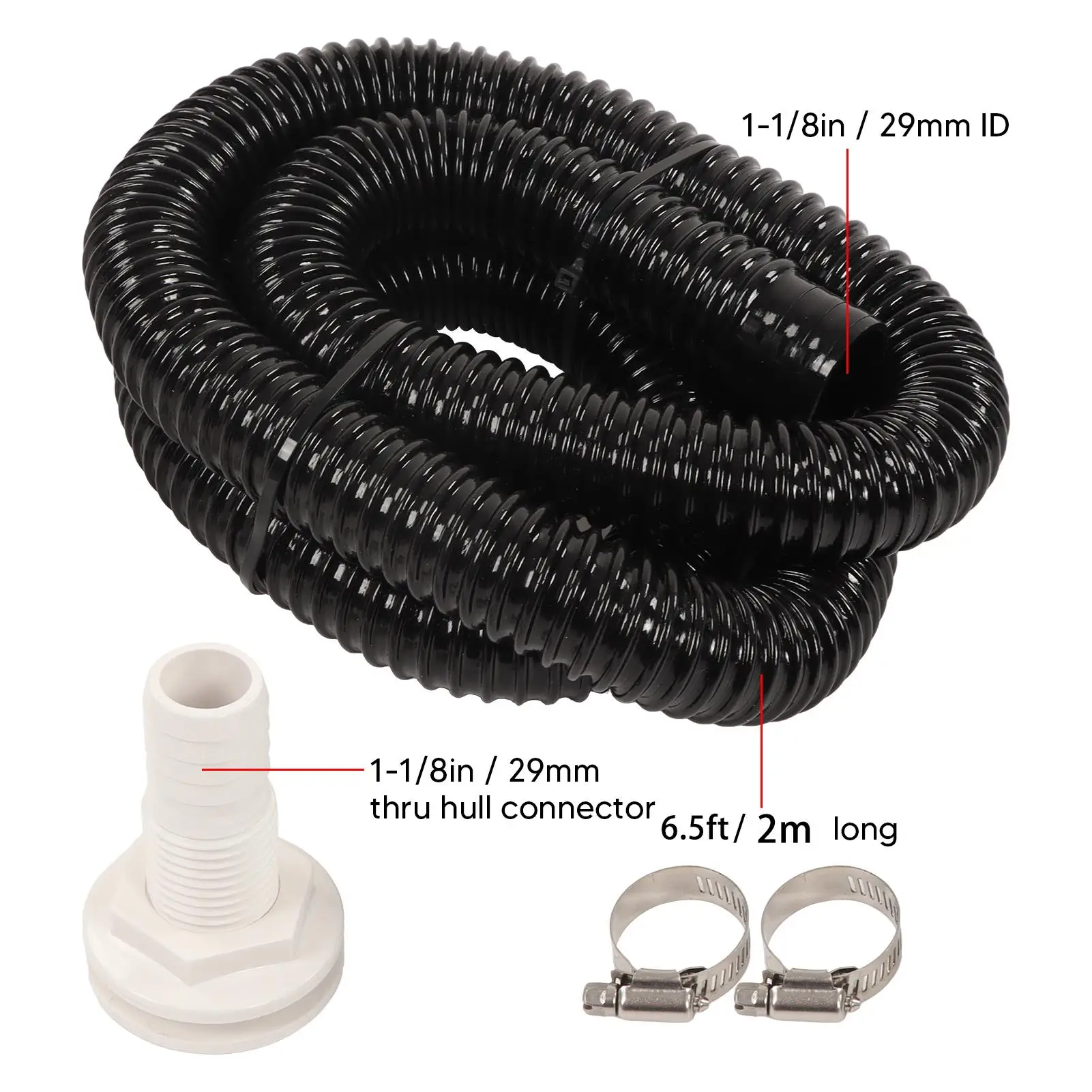 Bilge Pump Hose Plumbing Kit 1-1/8in Dia 5ft Flexible PVC Hose Chemical Resistance Thru Hull Fitting Heavy Duty for marine