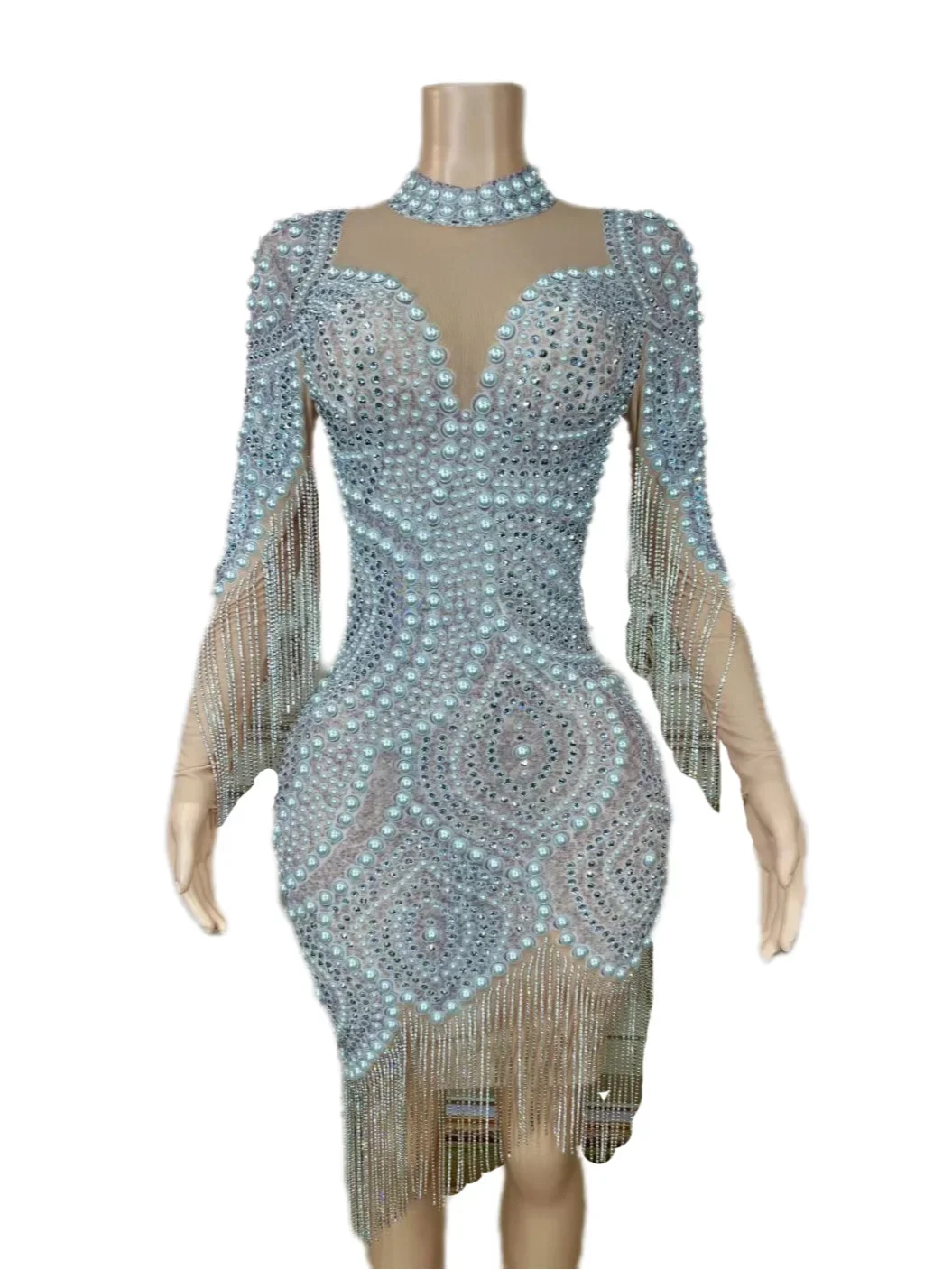 Długa Sukienka z Długim Rękawem, Ozdobiona Błyszczącymi Cyrkoniami, Perłami i Frędzlami, Seksowna, Damska, Idealna na Klub Nocny, Bal, Urodziny, Strój dla Piosenkarki, Kostium Sceniczny