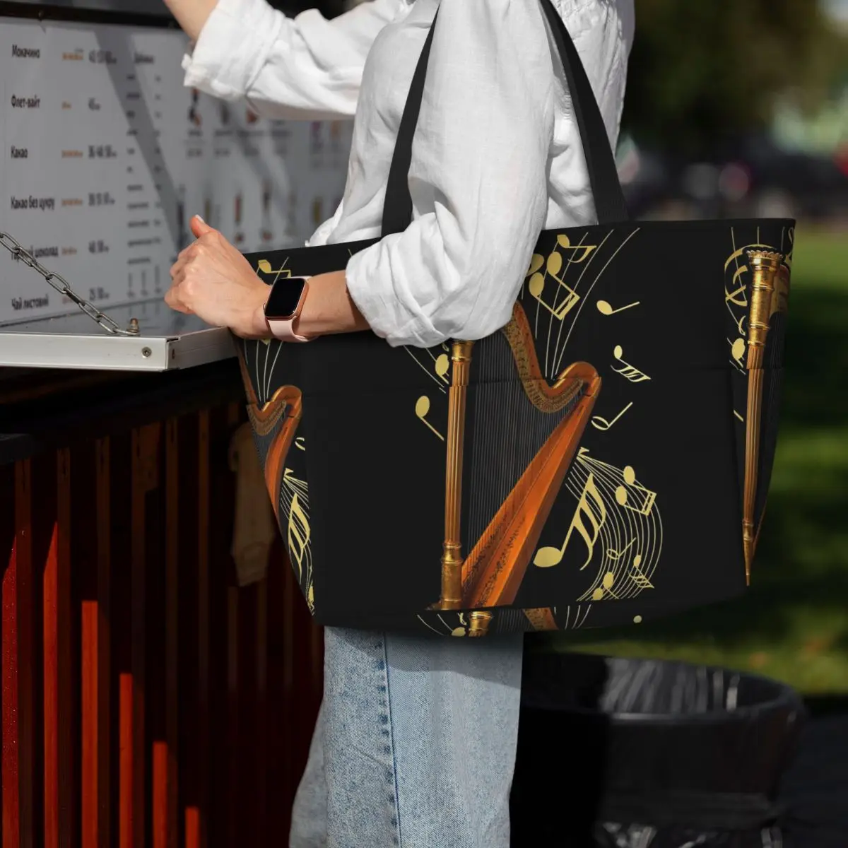 

Harp And Music Note Art Beach Tote Bag Sport Gym Yoga Duffle Large Tote Bag Women Travel Bag Fitness bag