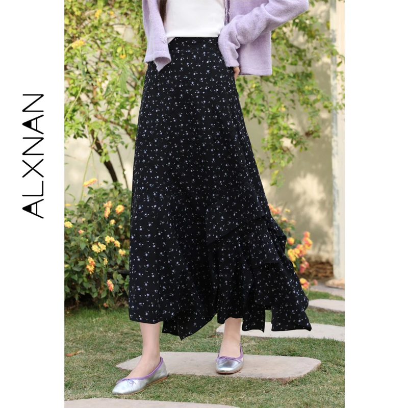 

ALXNAN Black Floral Midi Skirt 2026 Spring New High Waist Asymmetrical Ruffled Ruching Long Skirts Elegant Beach Clothing L61525